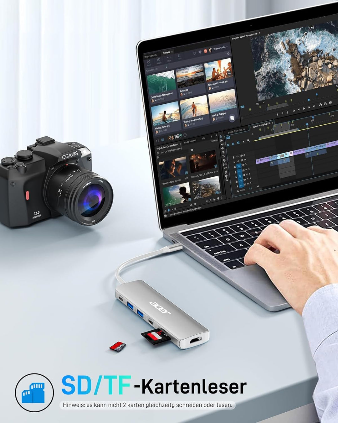 Acer USB C Hub, 7-in-1 USB-C zu HDMI Splitter, 2 USB 3.1 GEN1 und 5 Gbps Typ-C Datenanschluss, 4K HD