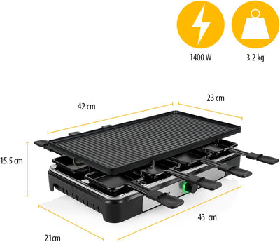 Tristar Raclettegerät RA-2748 – 3-in-1 – Raclette/Kochstein/Grill/Teppanyaki – Für 8 Personen – 1400