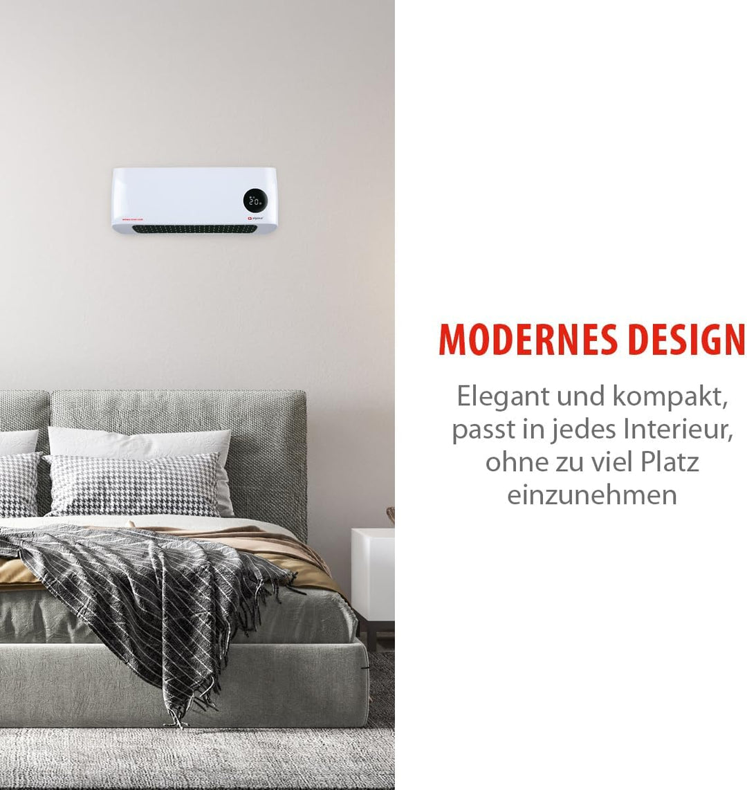 alpina Wand Heizlüfter 2000W – Keramik Heizstrahler mit 2 Leistungsstufen und Timer – Digital Thermo