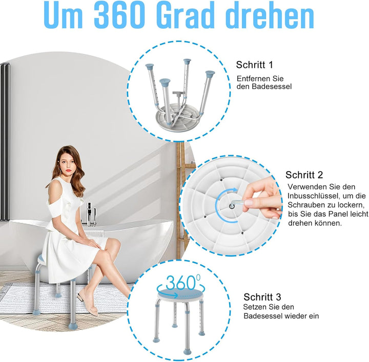 HENGMEI Anti-Rutsch Aluminium Duschhocker Höhenverstellbar Badhocker 360° Drehbar rund Duschstuhl Ba