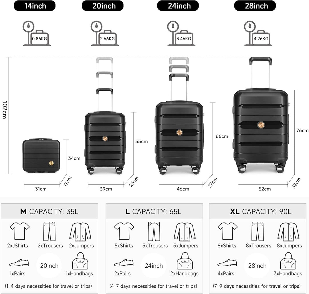 Sea choice Hartschalenkoffer Set 4 Teilig S/M/L/XL Rollkoffer Handgepäck 100% PP Reisekoffer mit 360