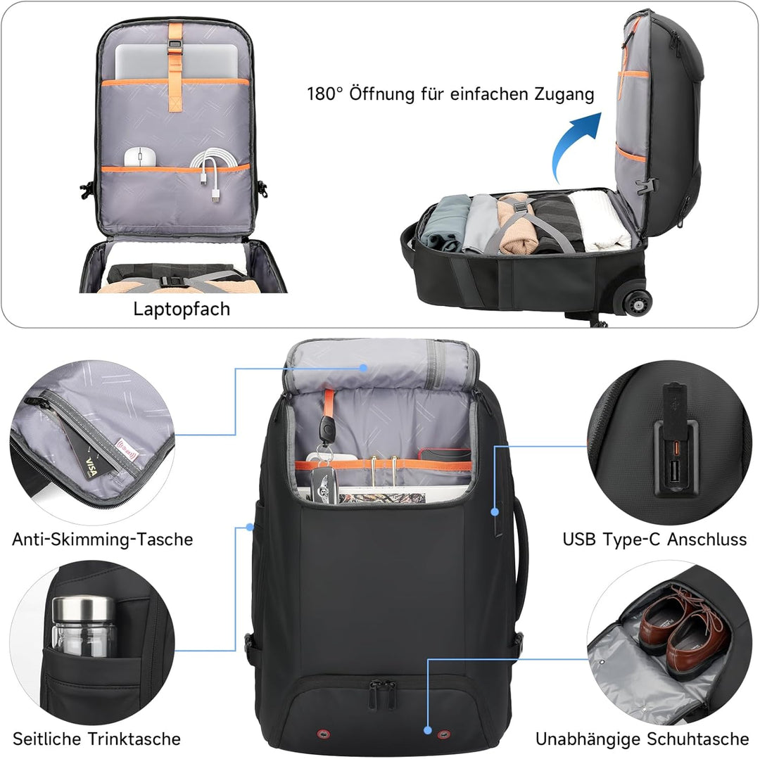 Reiserucksack mit rollen,17 Zoll Laptop trolley rucksack, Wasserfester Handgepäck-Rucksack mit USB-C