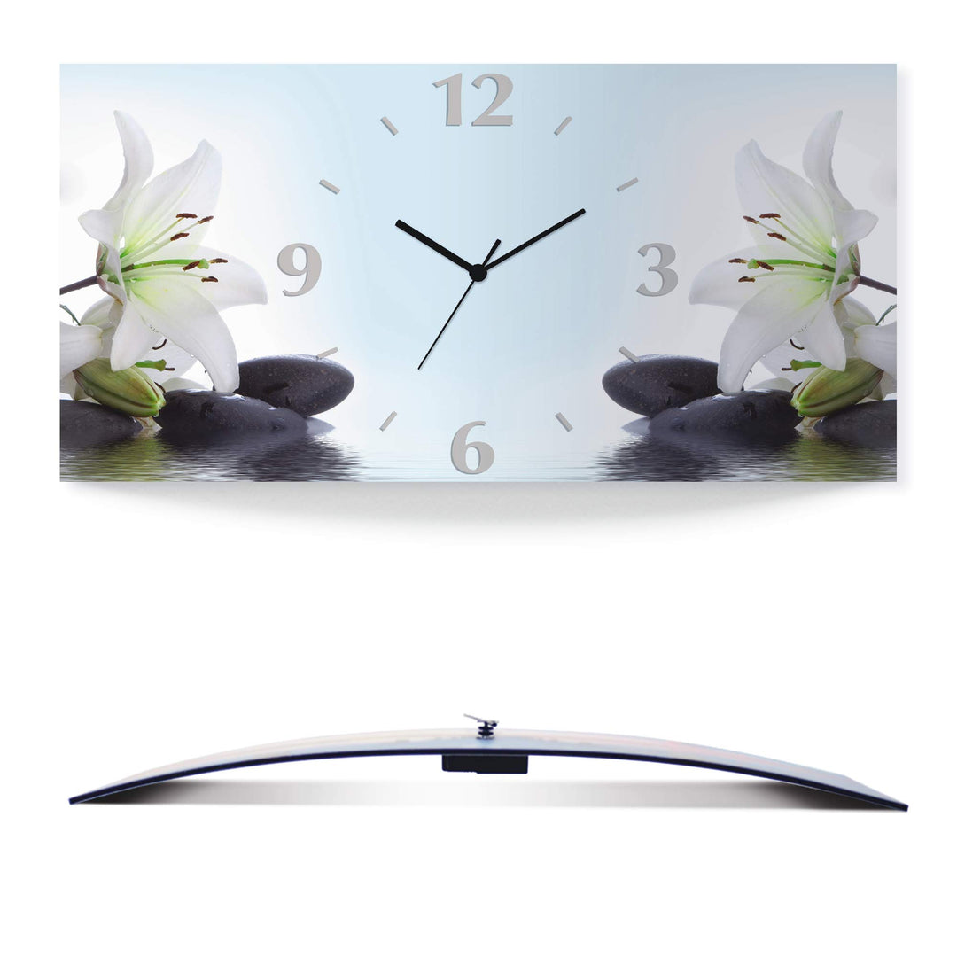 ARTLAND Wanduhr ohne Tickgeräusche Alu Funkuhr 60x30 cm Rechteckig Lautlos Blumen Lilien Spa Steine