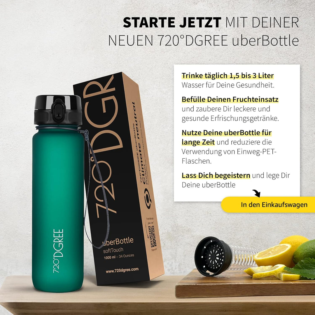 720°DGREE Trinkflasche “uberBottle“ 350ml, 500ml, 650ml, 1l, 1,5 Liter softTouch +Früchtebehälter -