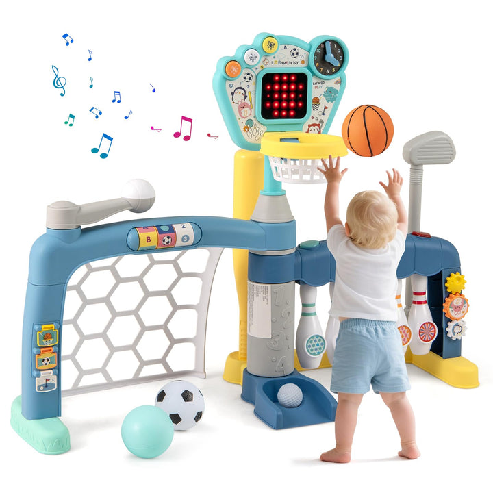 HOMASIS 5 in 1 Kinder Basketballkorb Set mit Licht &amp; Sound, multifunktional Basketballständer mit Fu