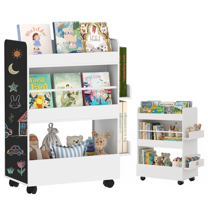 AIYAPLAY Kinder Bücherregal, Kinderregal mit 4 Regalen Bodenfach 2 Seitenteile, doppelseitiges Kinde