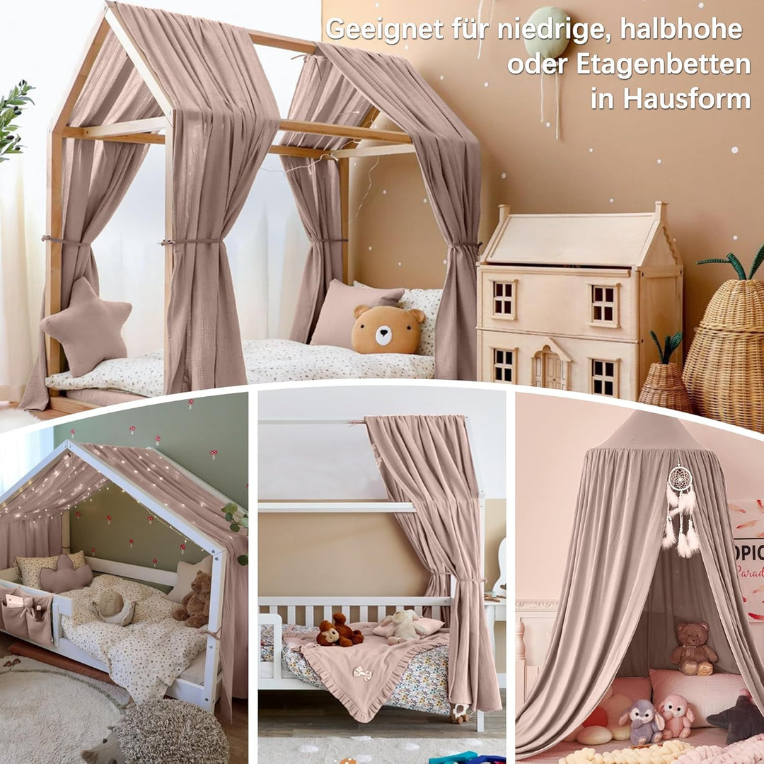Hausbett Himmel Deko Set, Betthimmel Hausbett aus Musselin - 2 Betthimmel & 1 Wimpelkette, für Junge