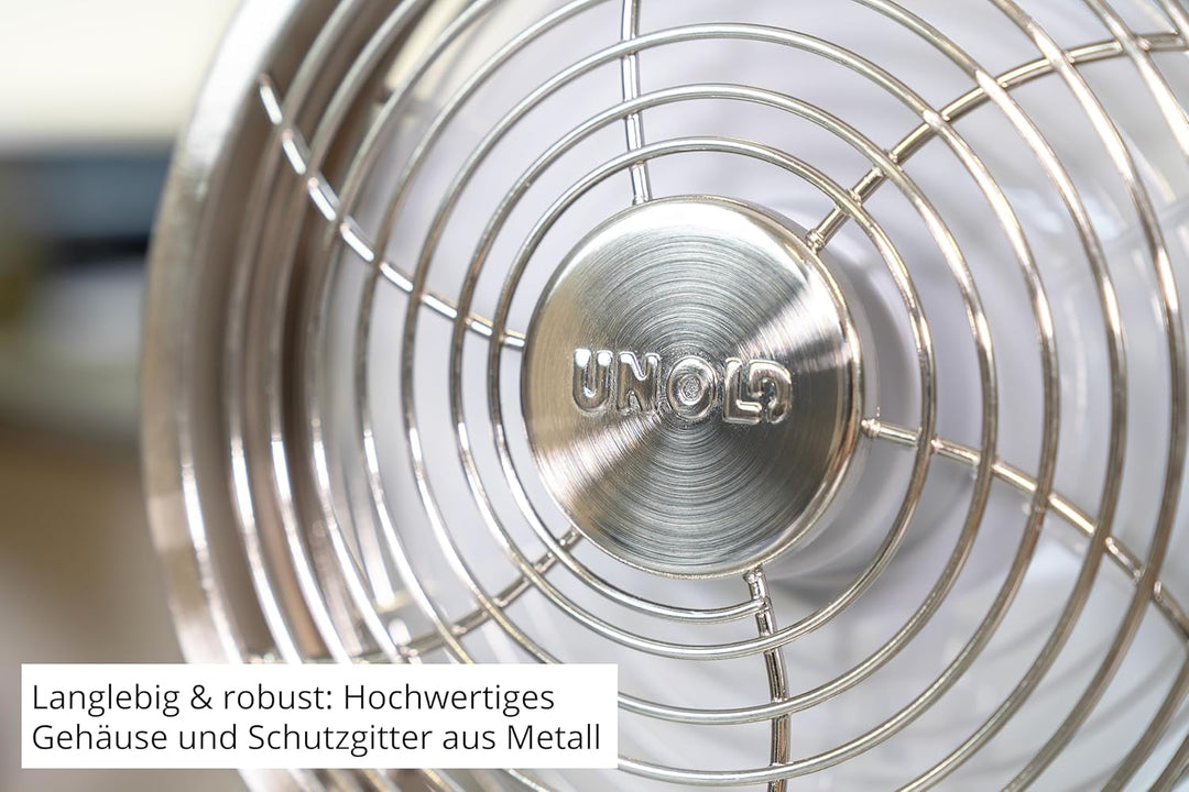 Unold STEEL FLEX Akku Ventilator 86705 | leise & kabellos – Tischventilator aus Edelstahl, 12h Laufz