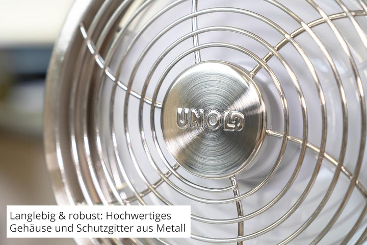 Unold STEEL FLEX Akku Ventilator 86705 | leise & kabellos – Tischventilator aus Edelstahl, 12h Laufz