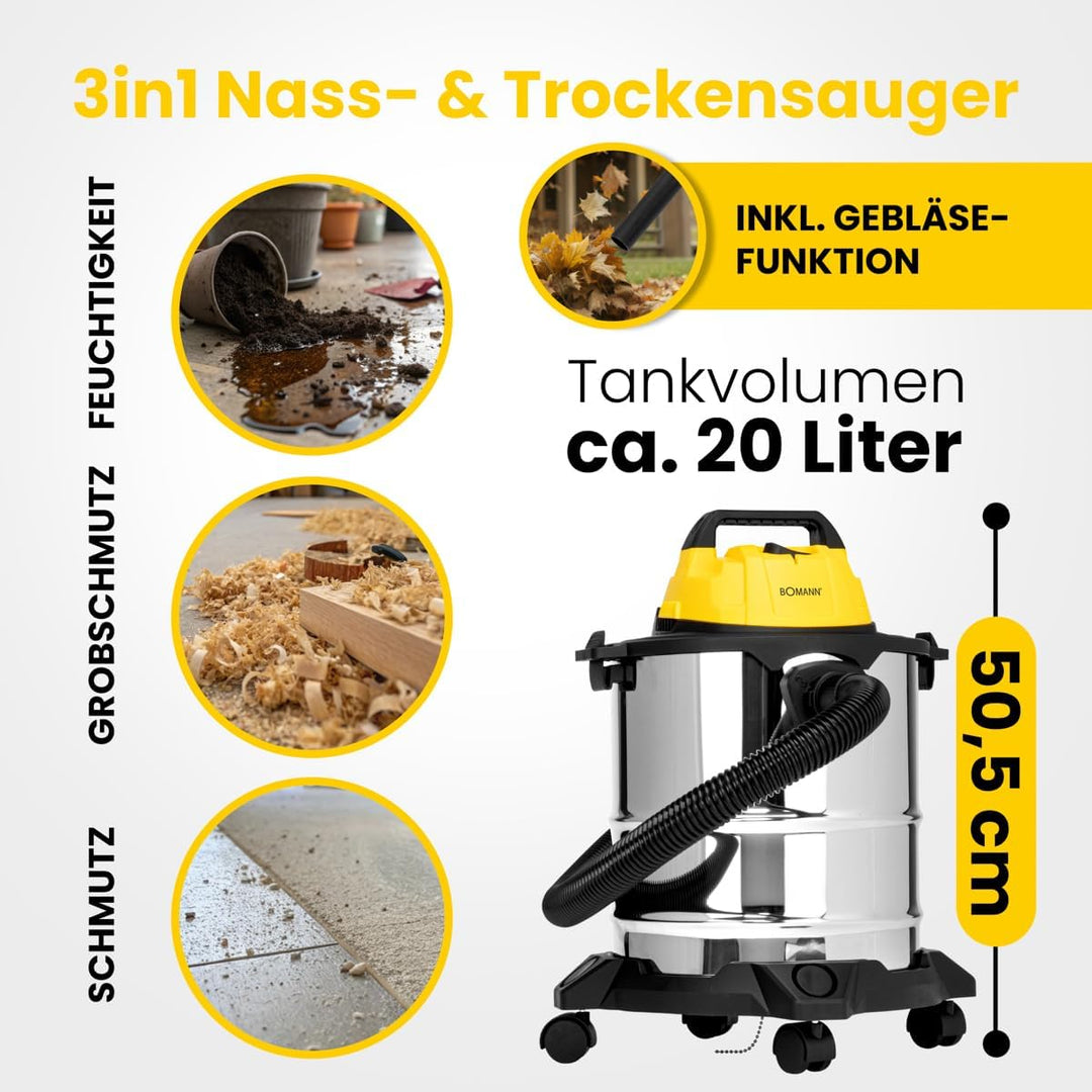 Bomann Nass Trockensauger 3in1,Nasssauger u. Gebläsefunktion,20L Tank,extra langes Kabel(5m) inkl. a