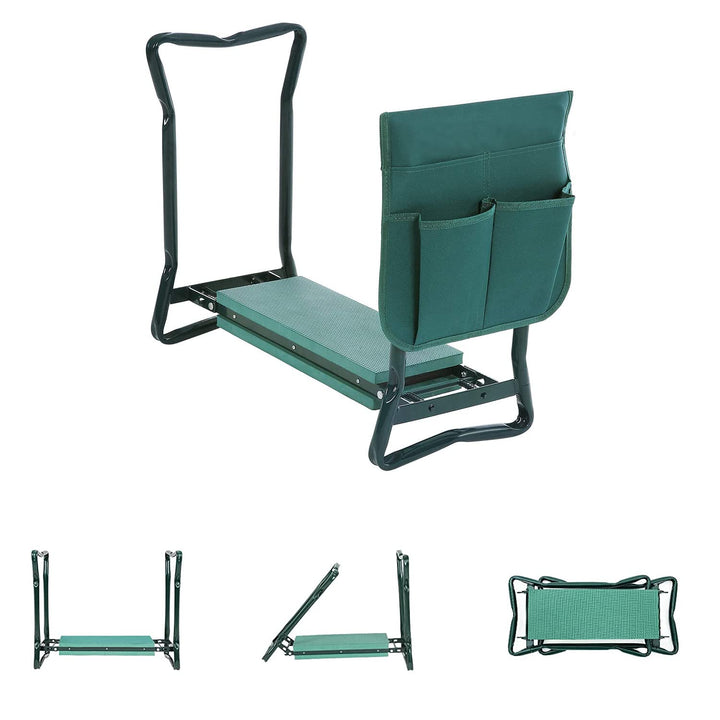 Kniebank für Gartenarbeit, gepolsterter Sitz, Klappbar, Arbeitshocker mit Werkzeugtasche, 59 x 49 x