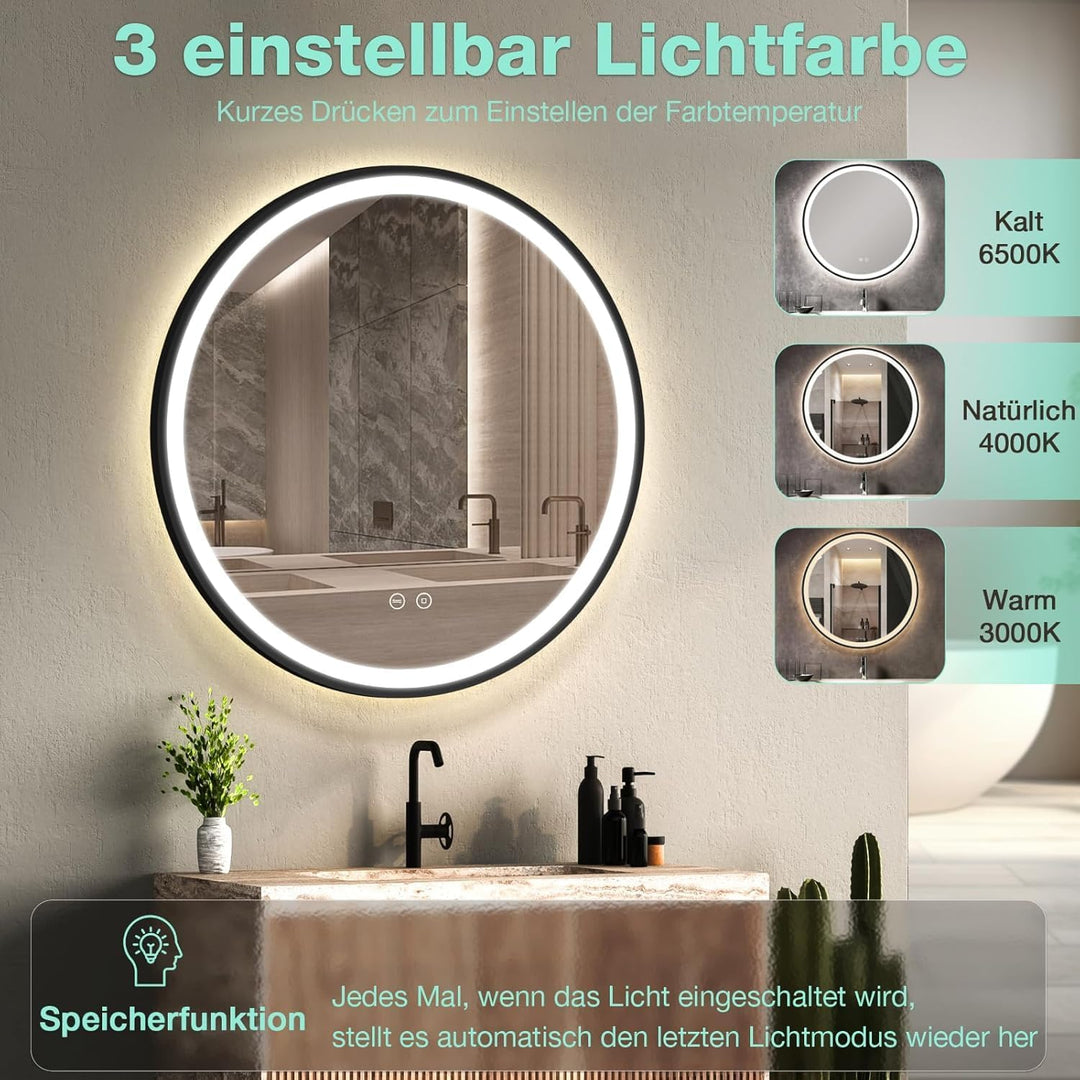 Runder Badspiegel mit Beleuchtung, 3 Lichtfarben, Dimmbar, LED Badspiegel Schwarz 60cm mit Touch-Sch