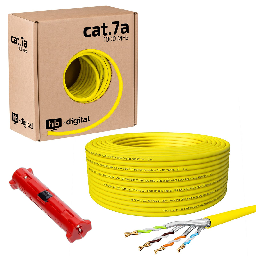 HB-DIGITAL 50m CAT.7a Netzwerkkabel Gelb Verlegekabel Ethernet LAN AWG23 Reines Kupfer S/FTP PiMF LS