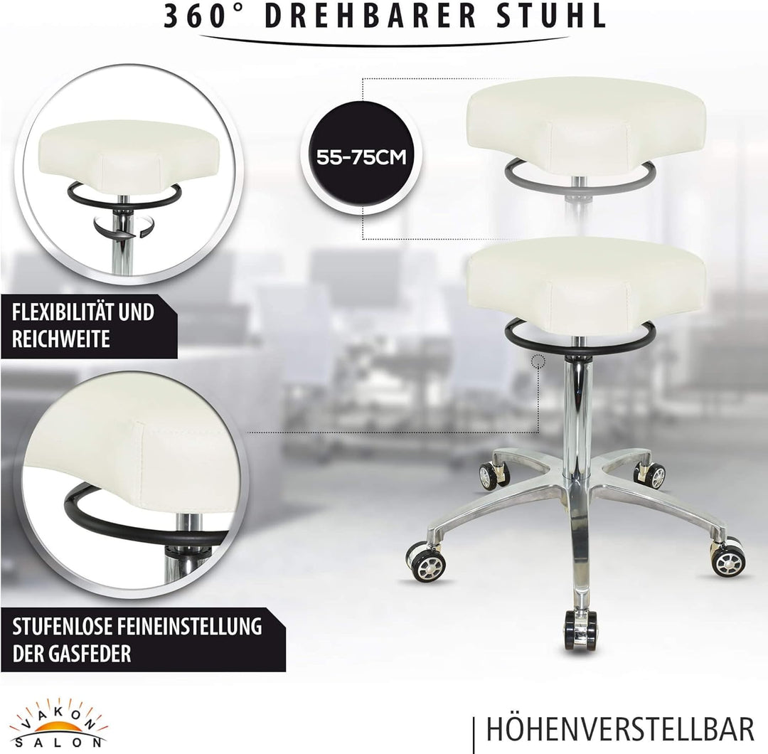 VAKON SALON - Design ergonomischer Rollhocker auf hochwertigen Rollen weiss - Höhenverstellbarer von