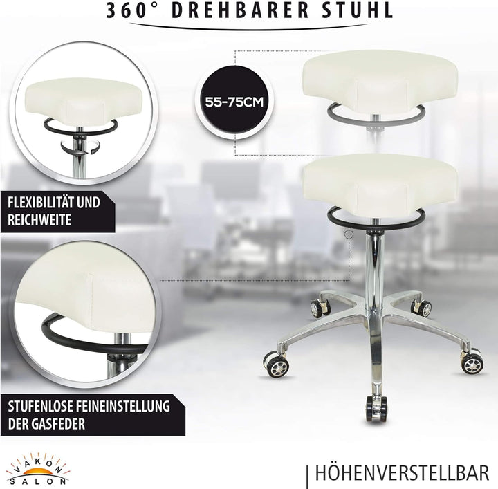 VAKON SALON - Design ergonomischer Rollhocker auf hochwertigen Rollen weiss - Höhenverstellbarer von