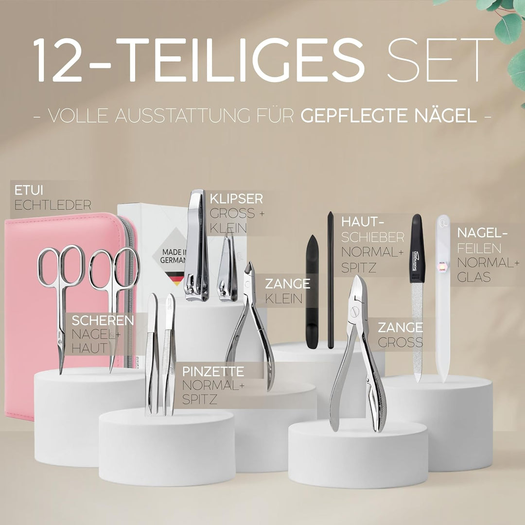 marQus Solingen Maniküre Pediküre Set - 12 Teile in Echt Leder Etui handlich und weich - Komplett Ki
