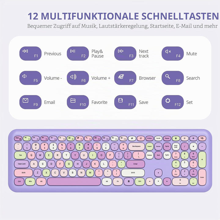 Tastatur und Maus Kabellos, Retro Bunt Tastatur Funktastatur mit Stille Mouse Amerikanisch QWERTY, C