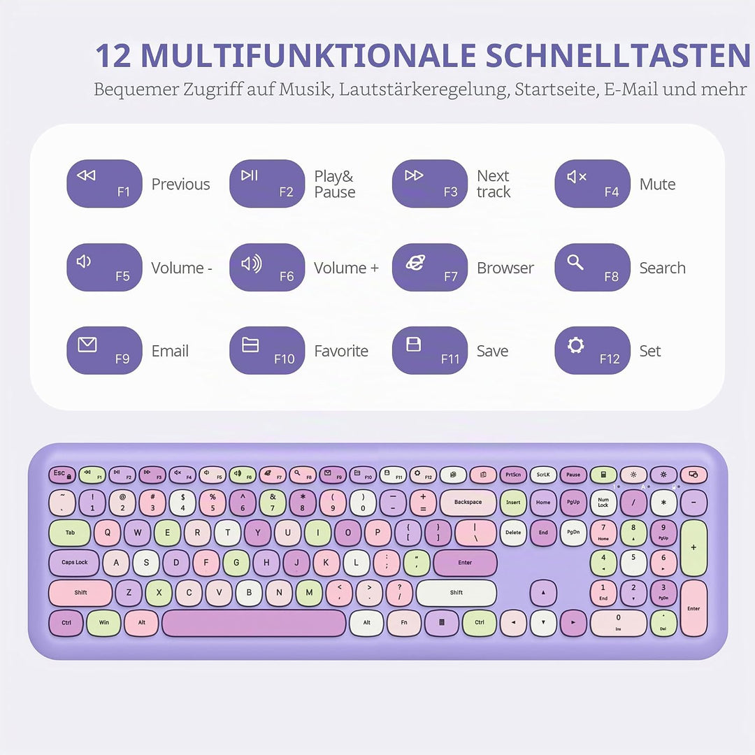 SOLIDEE Buntes kabellose Tastatur und Maus-Kombination,2.4GHz Retro Schreibmaschine Tastatur,104 Tas