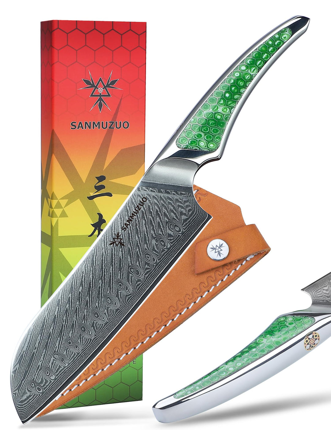 SANMUZUO 17,5CM Santokumesser, Kochmesser aus Japanischem VG-10-Damaststahl, ultrascharfes Küchenmes