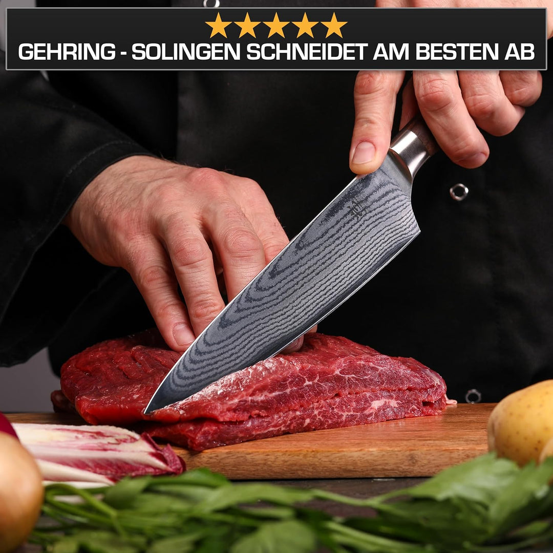 GEHRING SOLINGEN Damast Kochmesser, Scharfes Profi Küchenmesser, Made in Germany, eisgehärteter Dama