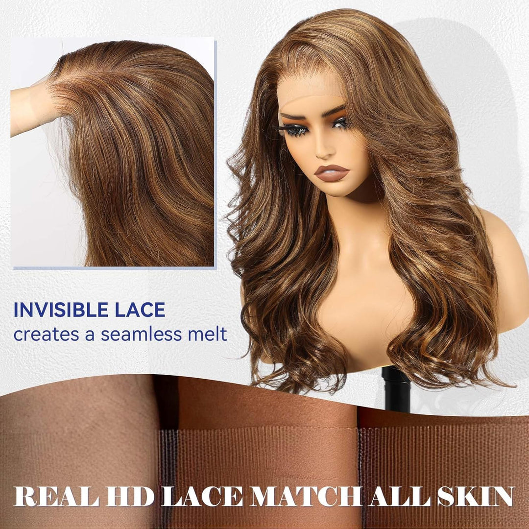 HAIRCUBE 13x6 HD Synthetische Lace-Front-Perücke, 24 Zoll gemischte braune lange lockige geschichtet
