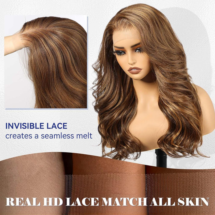 HAIRCUBE 13x6 HD Synthetische Lace-Front-Perücke, 24 Zoll gemischte braune lange lockige geschichtet