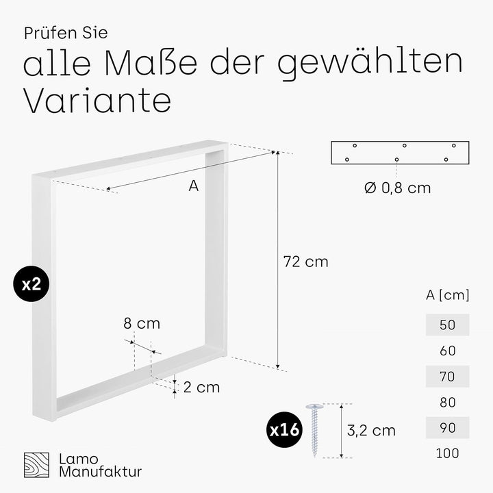 LAMO Manufaktur Tischbeine für Schreibtisch Esstisch, Simple Massive, Vierkantprofil 80x20 mm, Tisch