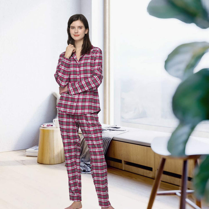 Mnemo Home Damen Schlafanzug Lang Flanell Pyjama Damen 100% Baumwolle aus Flanell Rot M, Rot M