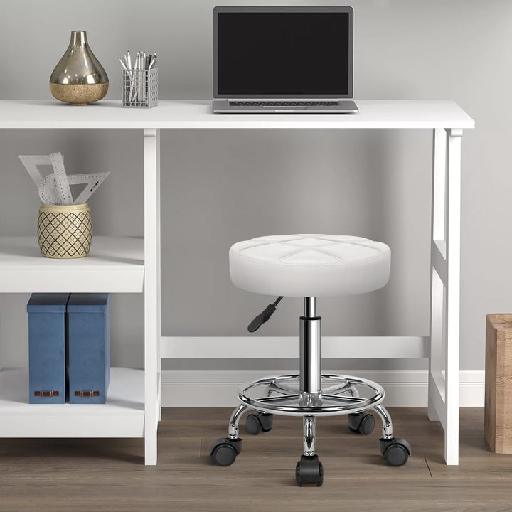 KKTONER Rollhocker Arbeitshocker Barhocker höhenverstellbar 49-64cm drehbar aus Kunstleder Weiss, We