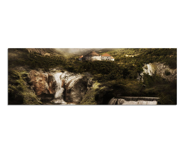 Paul Sinus Art Panoramabild auf Leinwand und Keilrahmen 150x50cm Berge Dorf Wasserfall Wolken Nebel