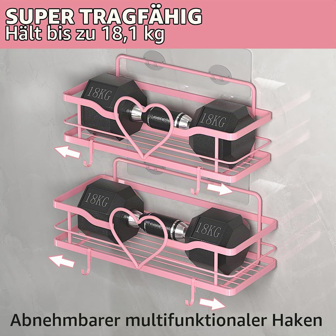2 Stück Duschablage Ohne Bohren, Rosa Duschregal mit 4 Haken, Dusche Halterung Duschkorb zum kleben,