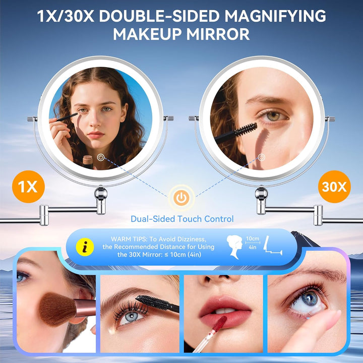 Aumxir 9" Kosmetikspiegel mit Beleuchtung, 5000mAh Wiederaufladbar Doppelseitig 1X/30X Schminkspiege