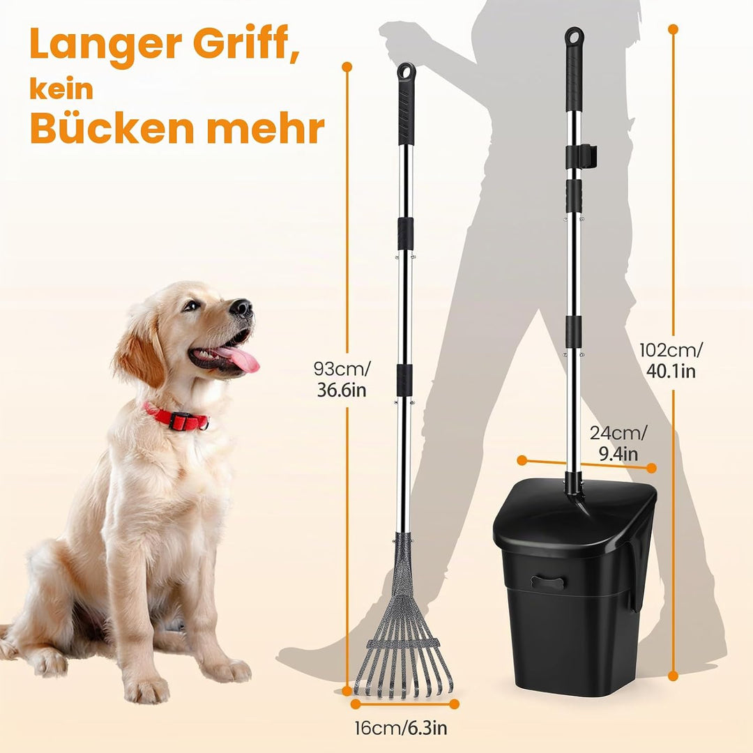 HAPPY HACHI Hundekotschaufel, 102cm Schwenkbehälter &amp; Rechen Hundekotsammler mit 20 Abfallbeuteln, f