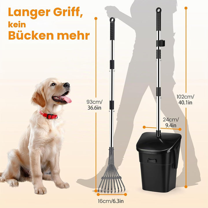 HAPPY HACHI Hundekotschaufel, 102cm Schwenkbehälter &amp; Rechen Hundekotsammler mit 20 Abfallbeuteln, f