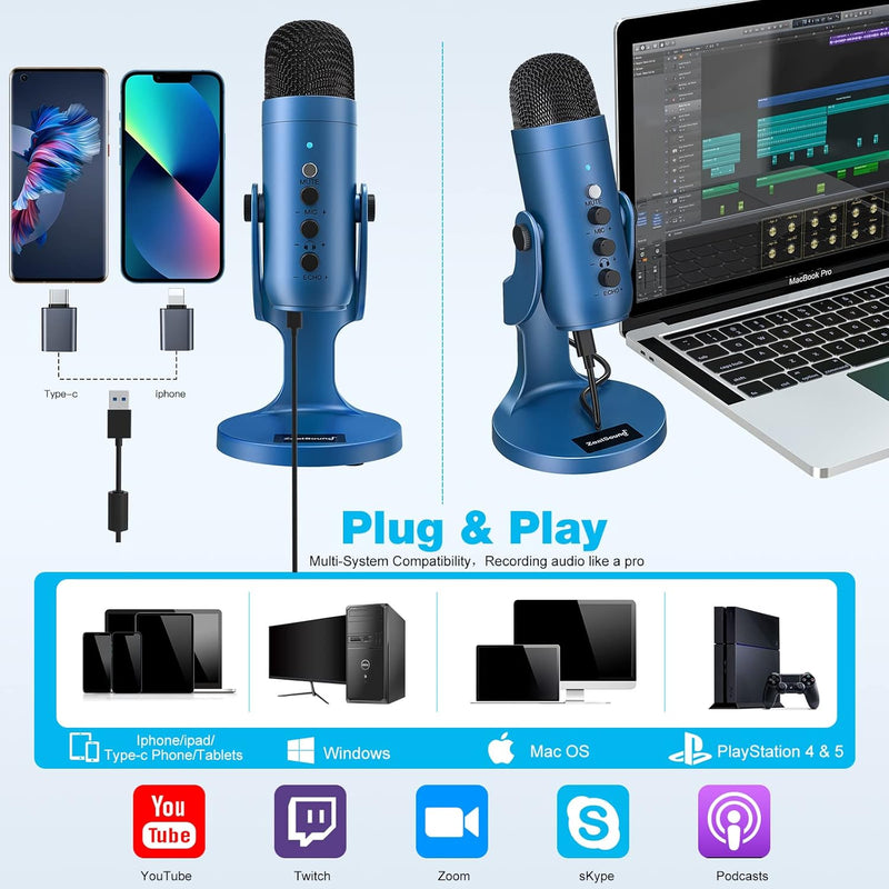 zealsound USB Mikrofon, Mikrofon Handy PC, Kondensatormikrofon mit Adapter für Smartphone, Laptop, P