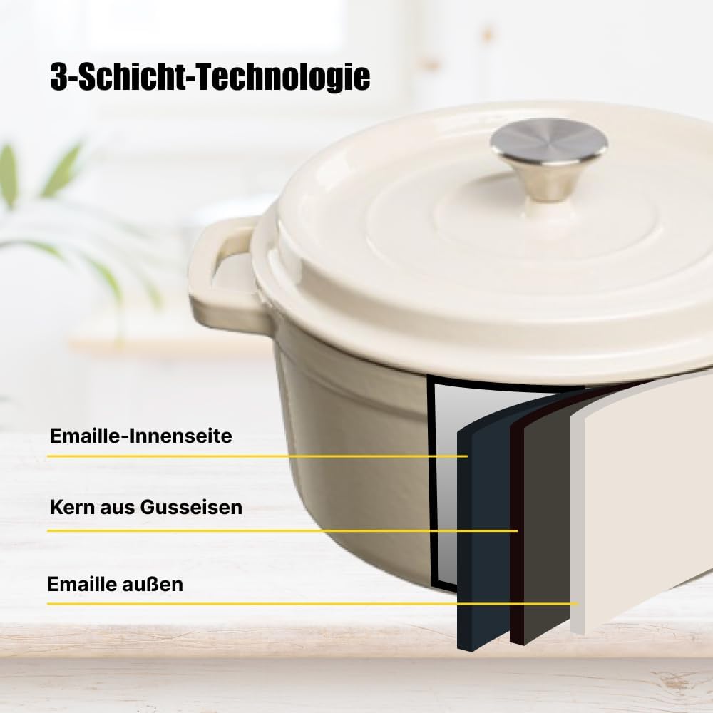 Schmortopf Gusseisen Topf - Emaillierter Gusseisentopf mit Deckel und breite Griffe für Küche, Backe