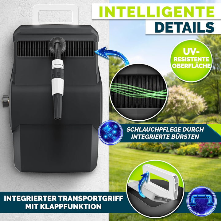 tillvex Schlauchtrommel Wasser mit Wandhalterung + Tragegriff | Schlauchaufroller mit Handbrause und
