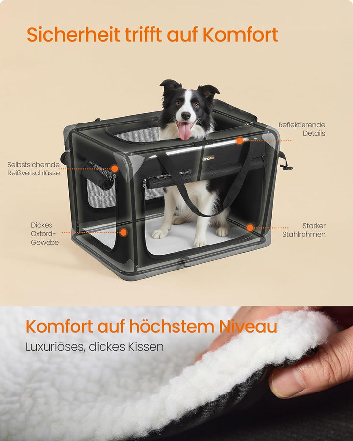Feandrea Hundebox faltbar, Transportbox, Hundetasche, Oxford-Gewebe, mit 4 Türen aus Netzstoff, Grif