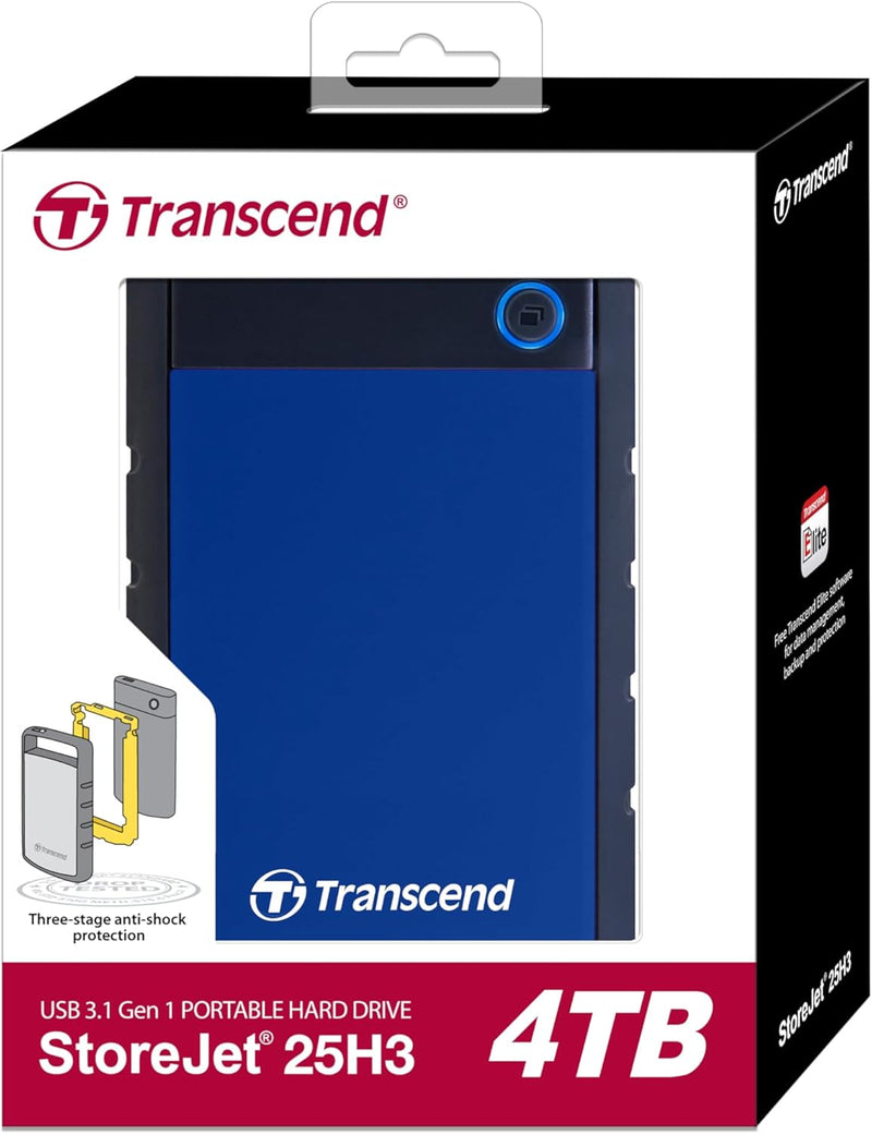 Transcend TS4TSJ25H3B 4TB portable Festplatte (HDD) in grau/blau mit Backup-Funktion (Datensicherung