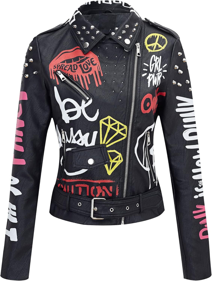 Giolshon Damen Kunstleder Jacke Nieten Floral Moto Biker Kurzer Revers Mantel 3XL Schwarz, 3XL Schwa