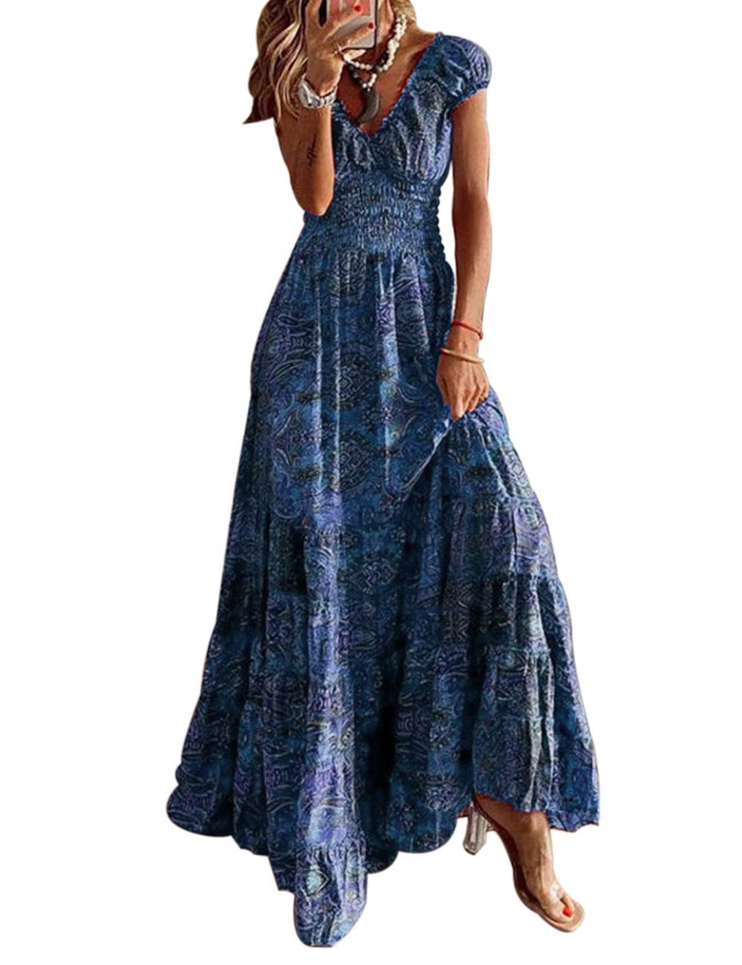 ABYOVRT Sommer Kleider Damen Sommerkleid Boho Lang Kleider Böhmisch Blumen Strandkleid V-Ausschnitt