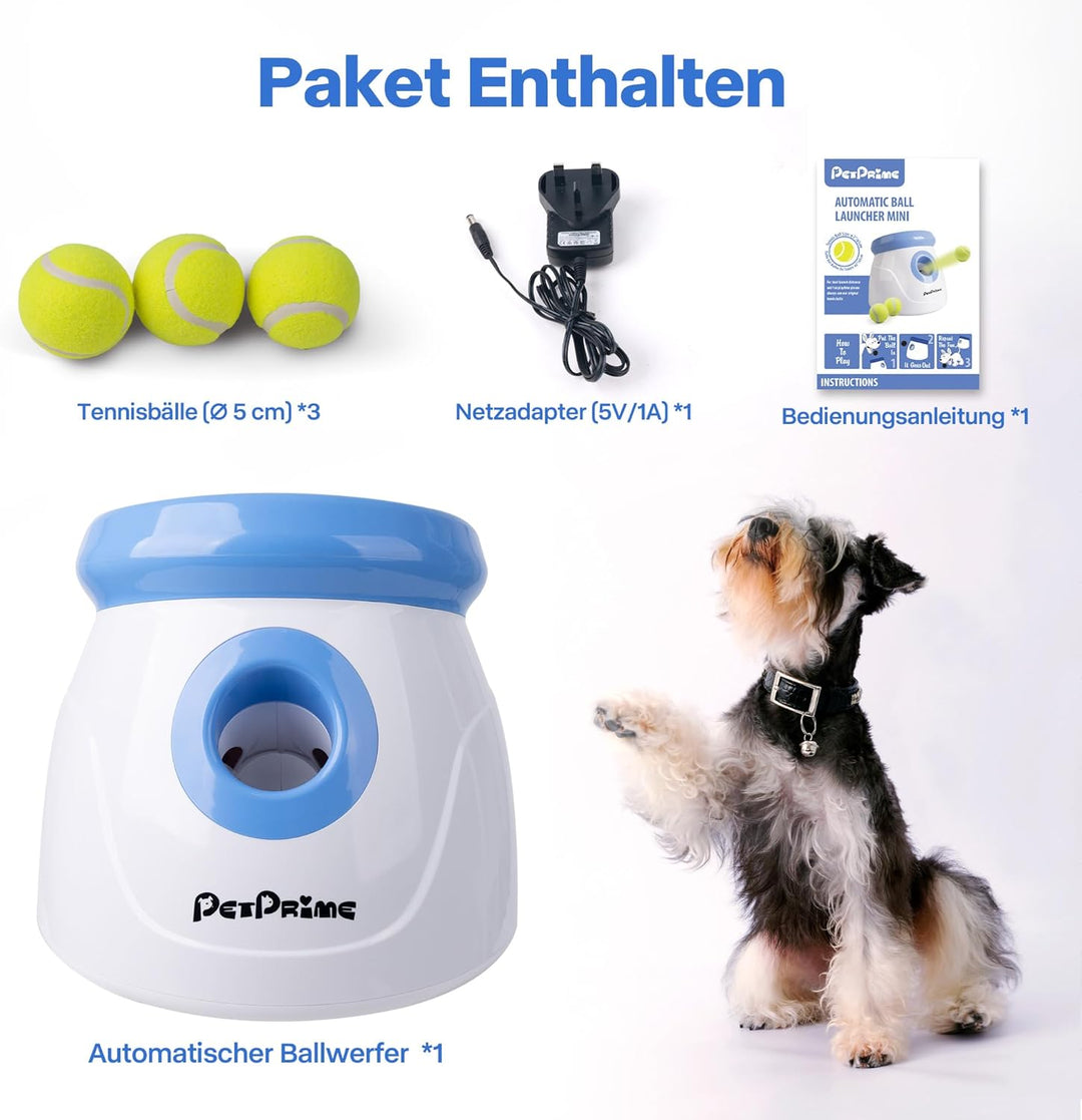 Pet Prime Automatische Ballwurfmaschine für Hunde mit 3 Distanzen (3m-9m) Inkl. 3 Robusten Tennisbäl