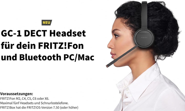 GEQUDIO GC-1 [Überarbeitete Neue Edition] DECT & Bluetooth Headset für AVM FritzBox - Verlängerter K