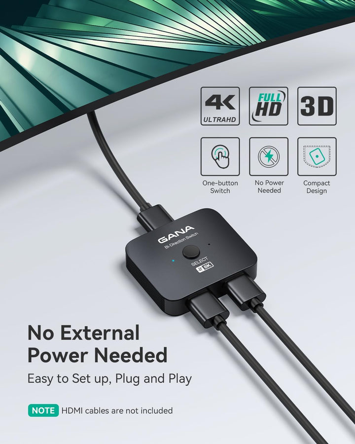 HDMI Splitter 8K@60Hz 4K@120Hz, GANA HDMI 2.1 Switch, Aluminium Bidirektional HDMI Switcher 2 In 1 O
