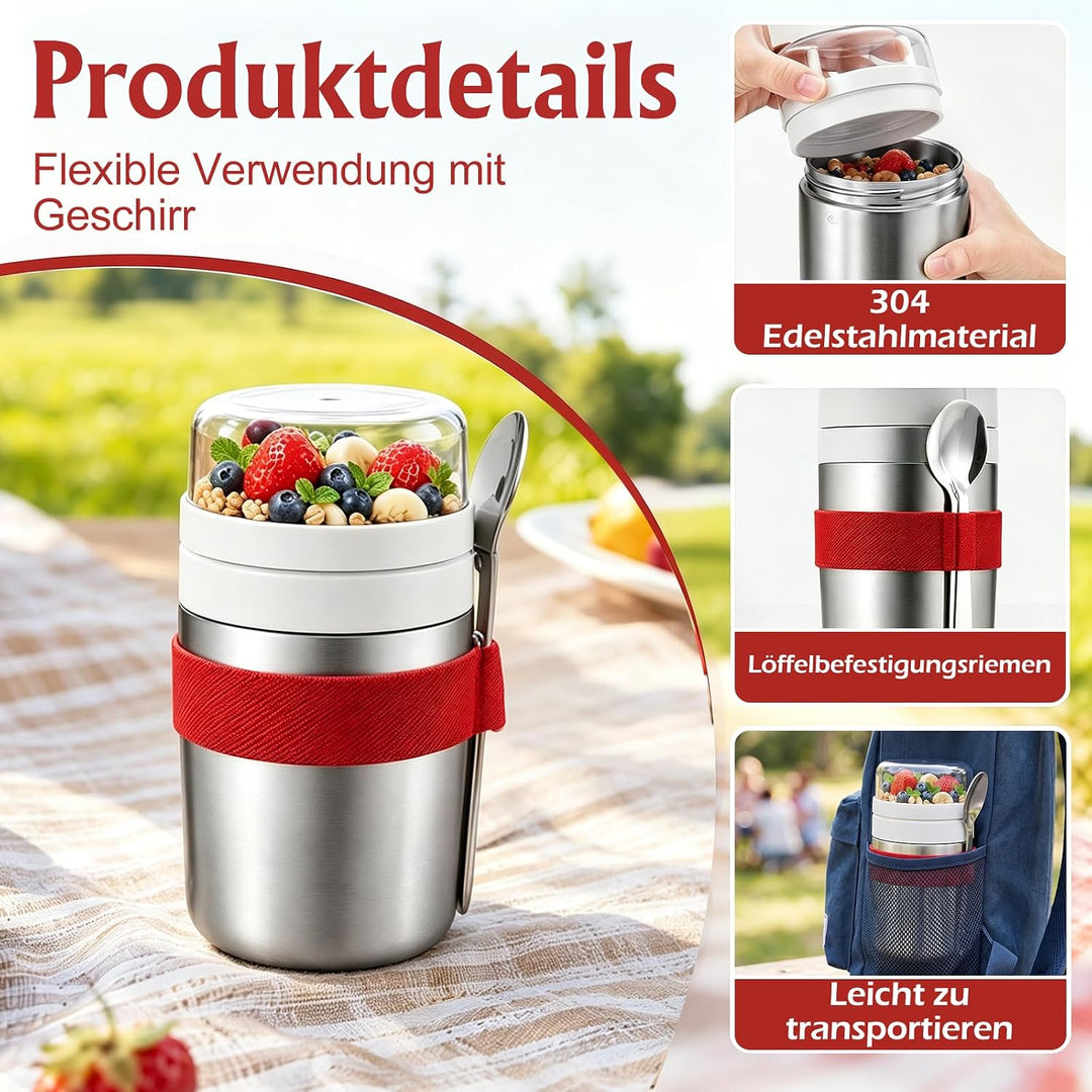 Edelstahl Müslibecher to Go mit Löffel, 500 ml + 220 ml Vakuumisolierter Joghurtbecher to Go Doppelt