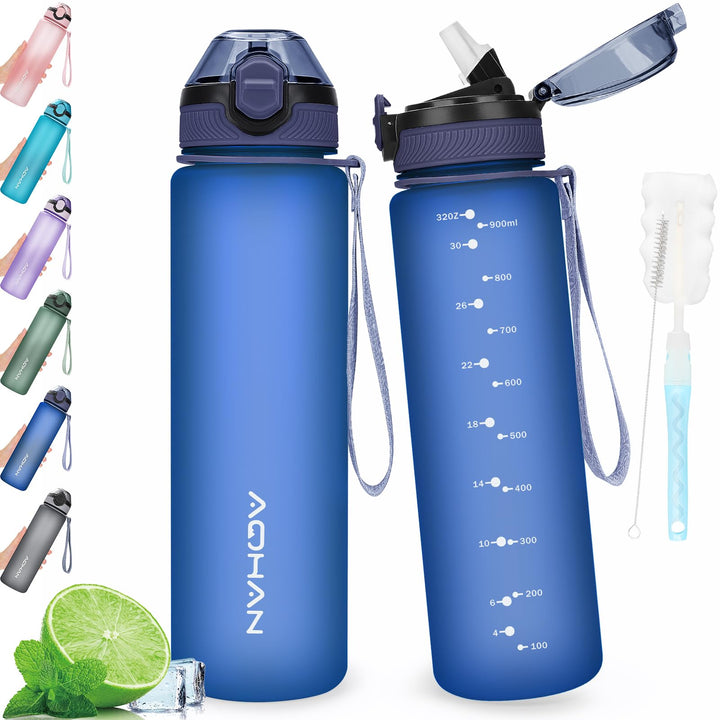 AOHAN Trinkflasche 1L mit auslaufsicherem Klappdeckel, BPA freie Sport Trinkflasche mit Stroh, Wasse