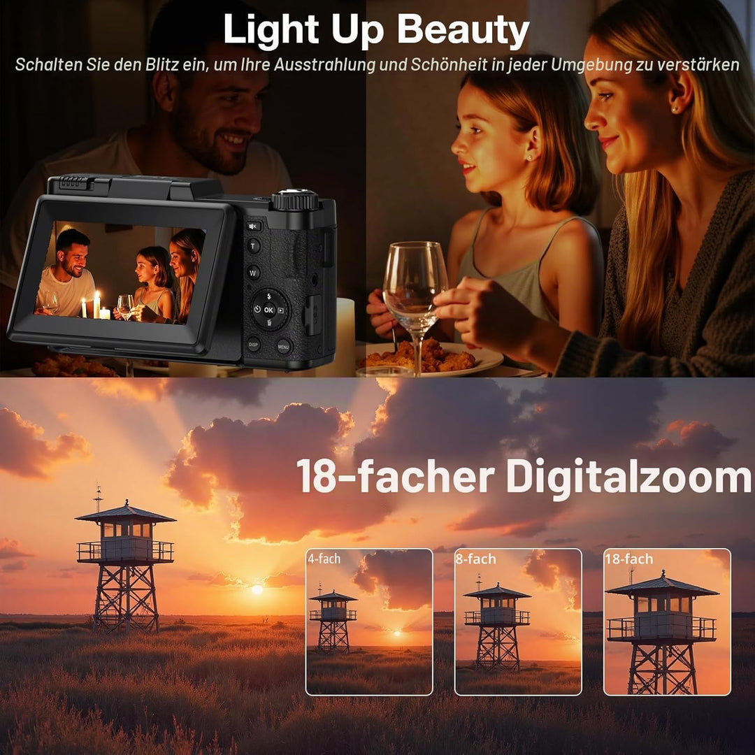 5K Digitalkamera mit WLAN für Fotografie, 64MP Vlogging-Kamera mit Flip-Bildschirm für YouTube, inkl