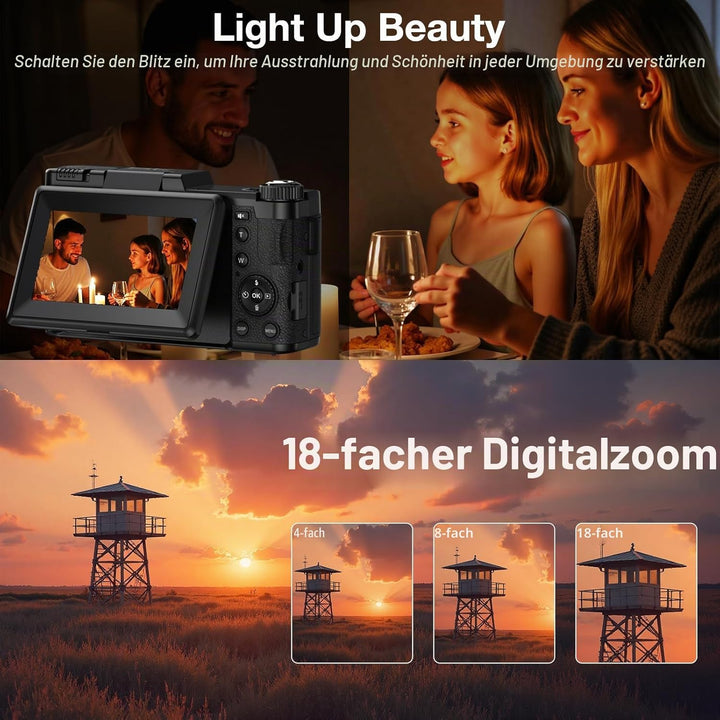 5K Digitalkamera mit WLAN für Fotografie, 64MP Vlogging-Kamera mit Flip-Bildschirm für YouTube, inkl