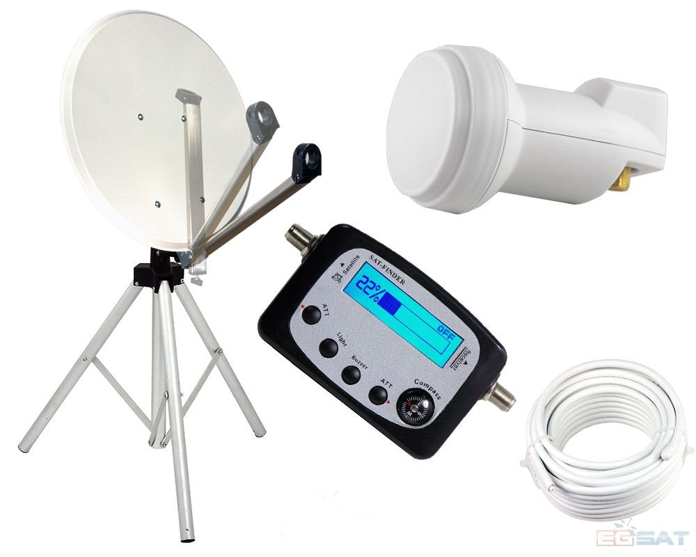 Camping Set Sat-Anlage 65cm Spiegel Klapparm LNB Stativ, Satfinder, Kabel