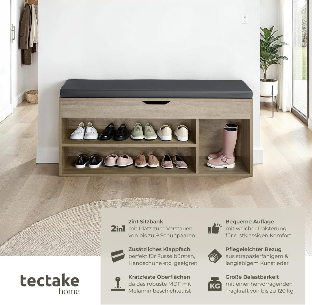 tectake® Sitzbank mit Stauraum, Schuhregal mit Sitzbank, 104 x 30 x 49 cm, Hocker mit Stauraum & Sch